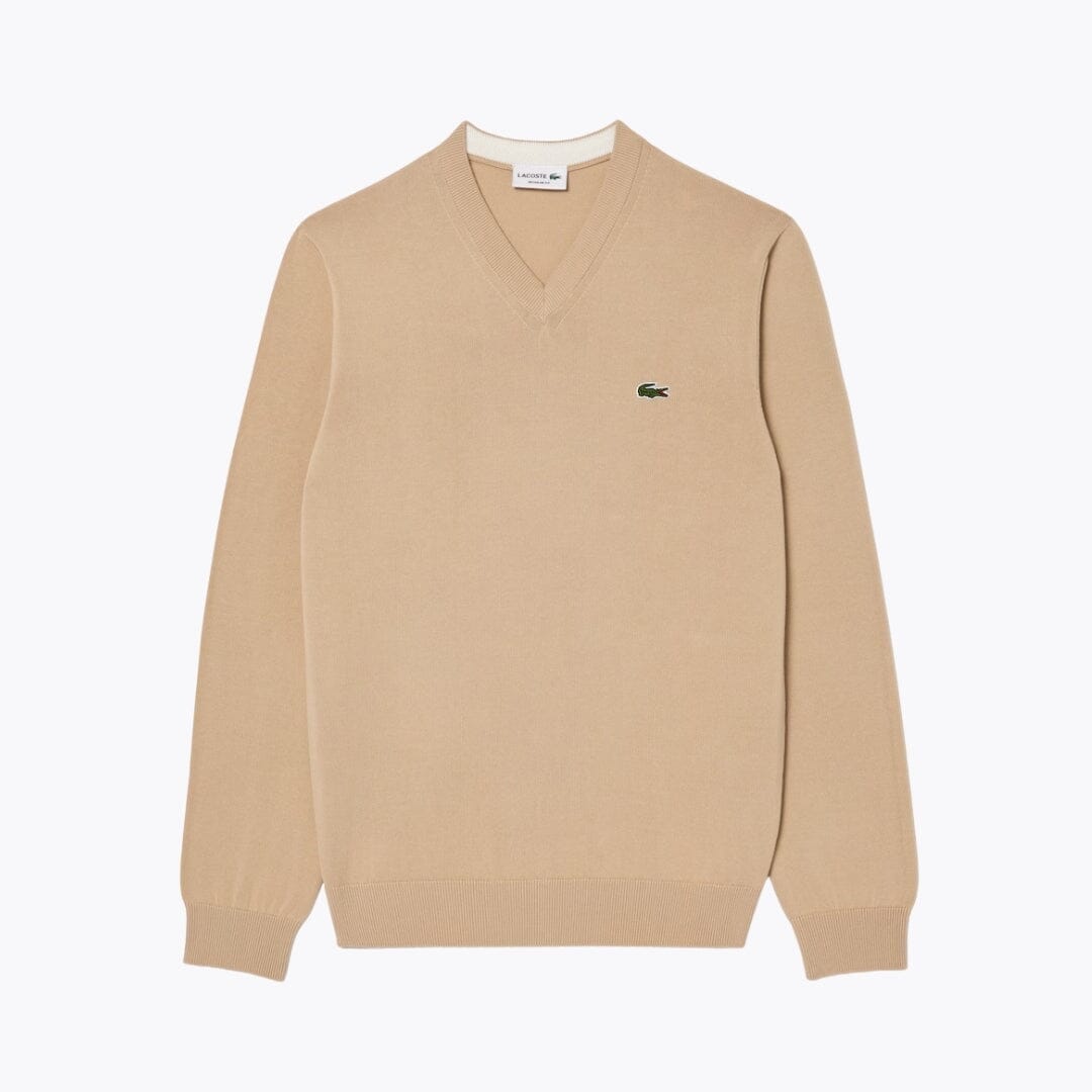 Lacoste Monochrome Cotton V-Neck Sweater LS Beige S