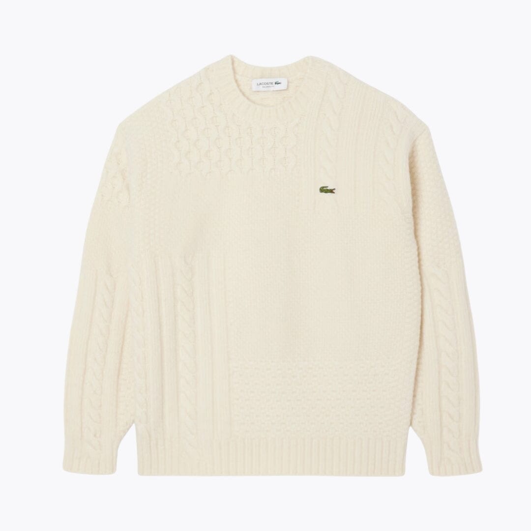 Lacoste Relaxed Fit Patchwork Effect Wool Sweater LS White S
