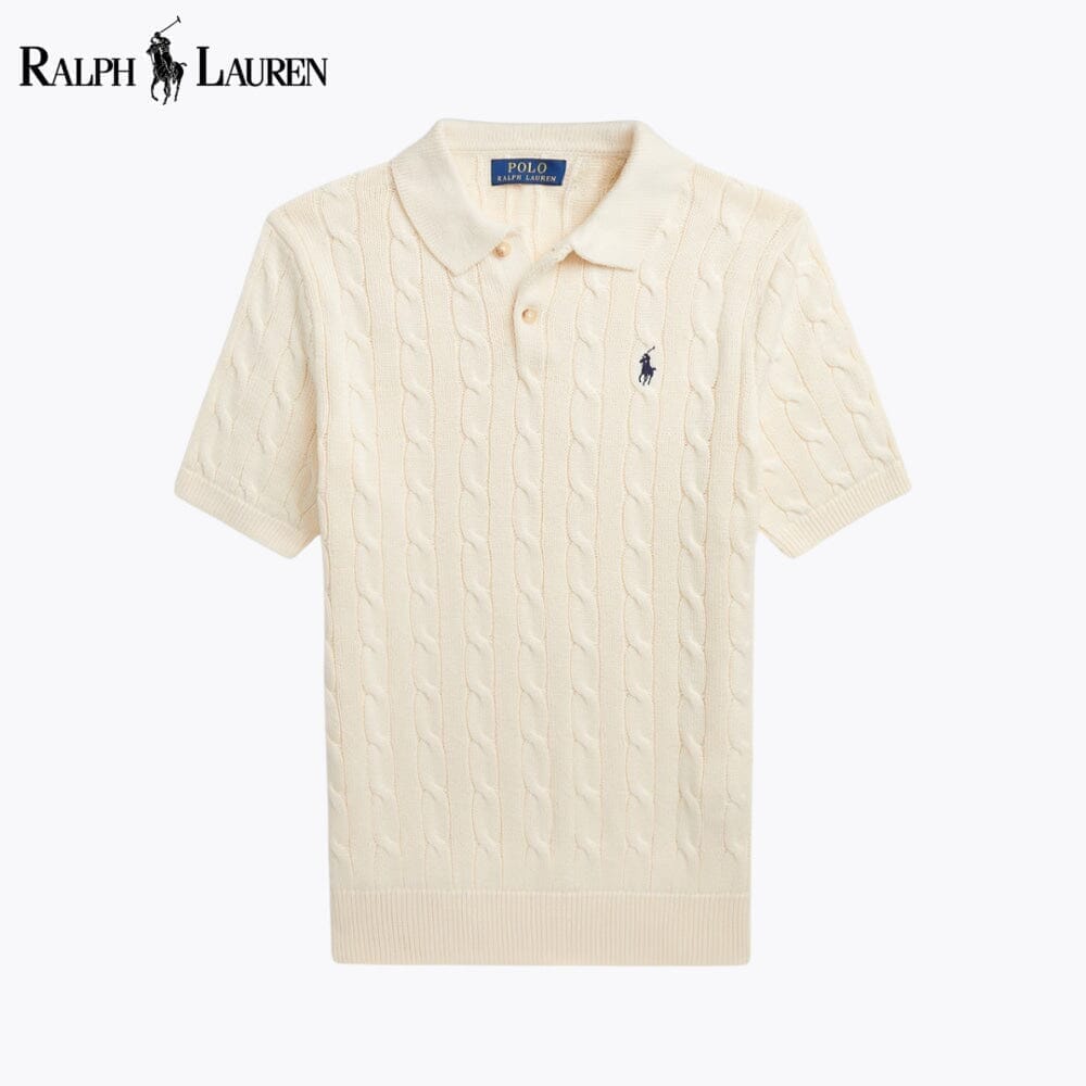 Ralph Lauren Cable-Knit Cotton Polo-Collar Sweater LS Cream S