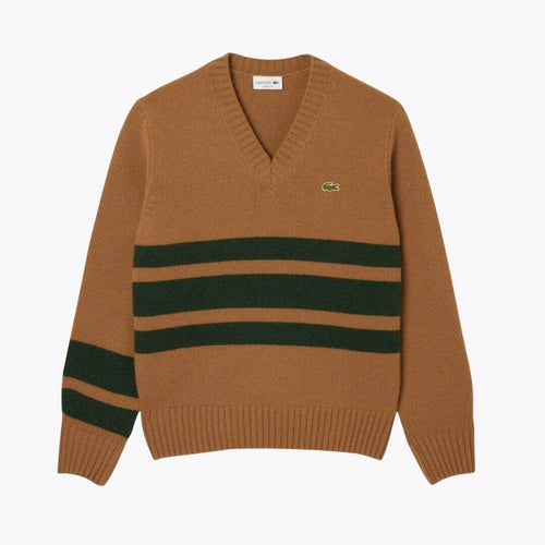 Lacoste Striped Wool V Neck Sweater LS Brown / Green S
