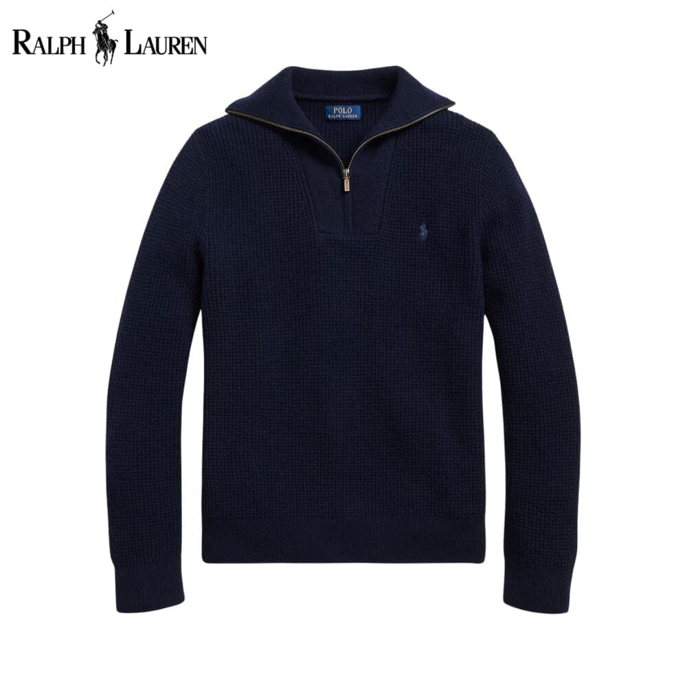 Ralph Lauren Waffle-Knit Wool-Cotton Quarter-Zip Sweater LS Blue Navy S
